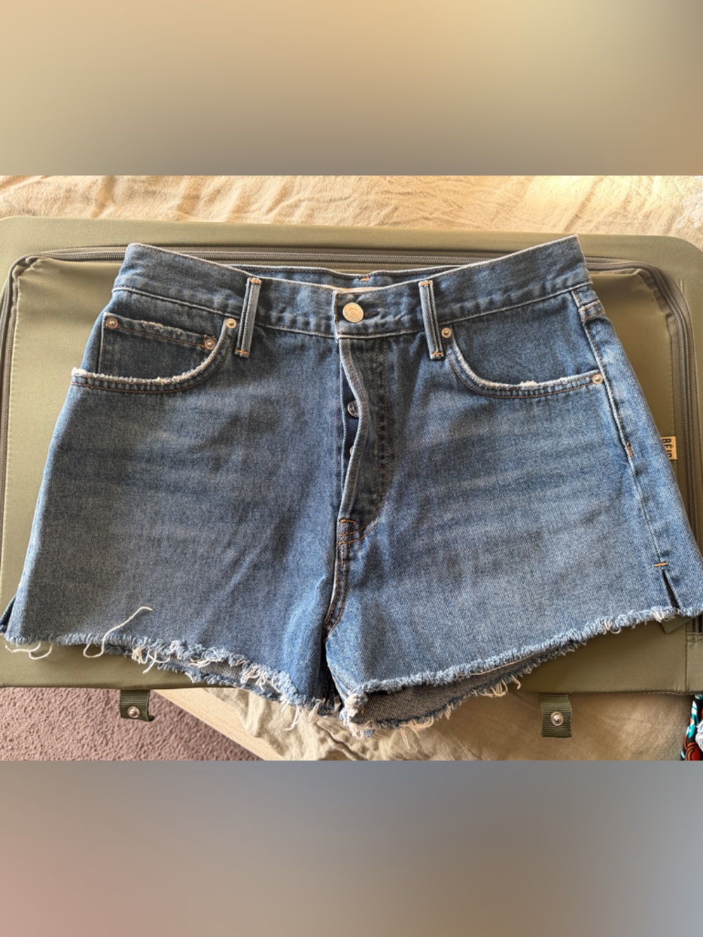 GRLFRND High-Waist Raw Hem Denim Shorts — Blue